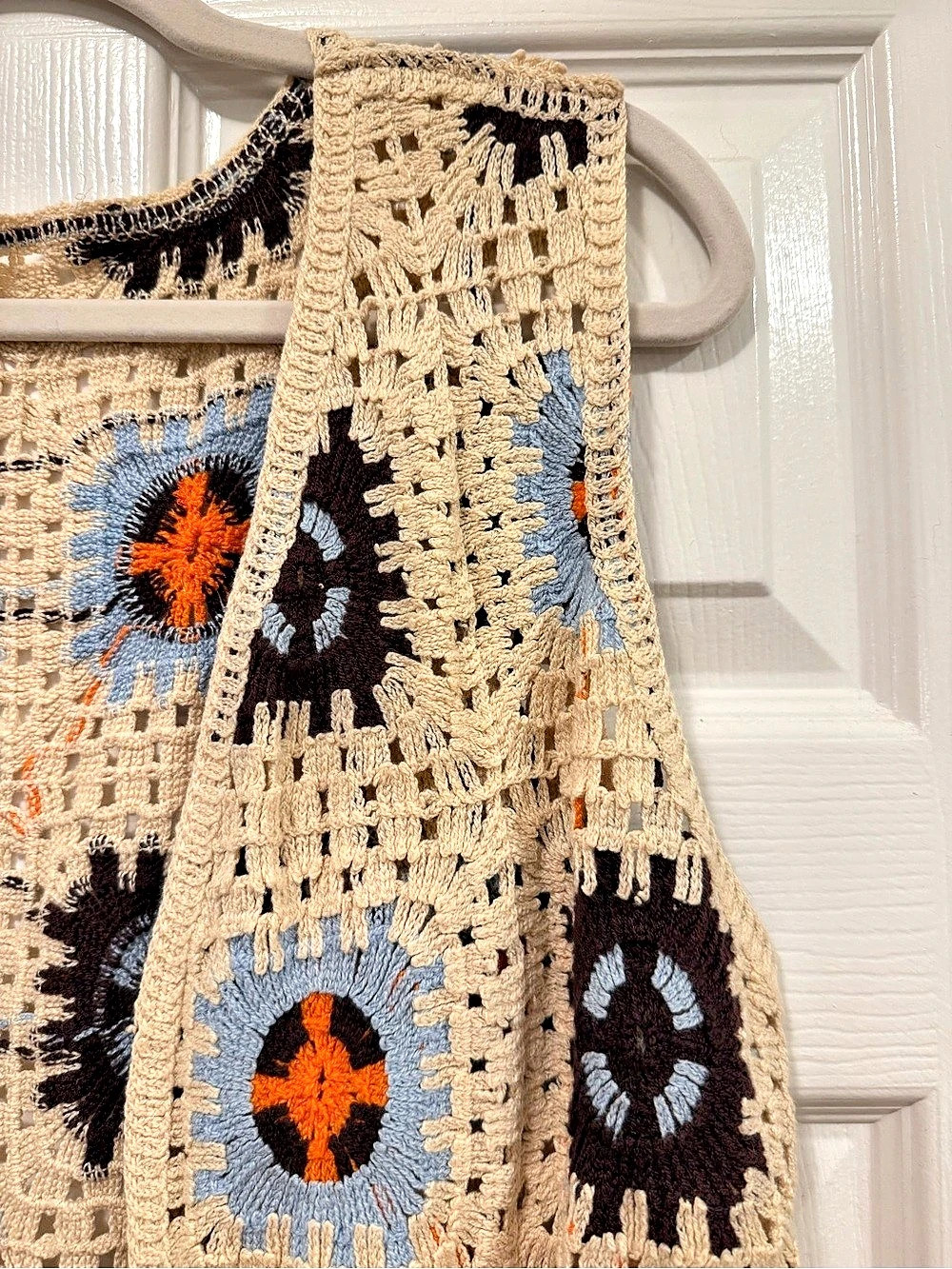 Crochet Vest in Beige, Dark Brown, and Orange